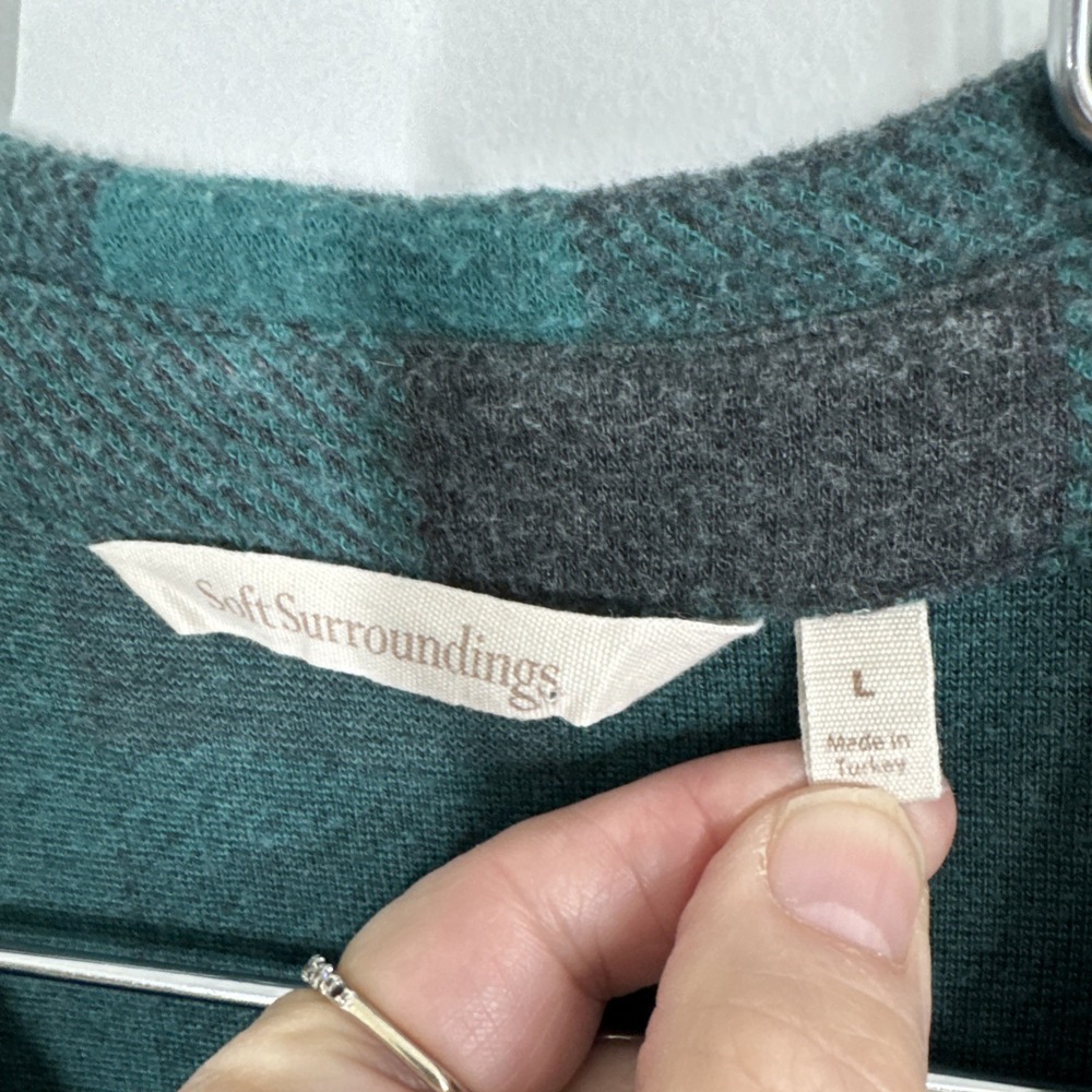 Soft Surroundings Teal Buffalo Check Henley Tunic Top Shirt M Roll Tab Sleeves - Picture 3 of 9